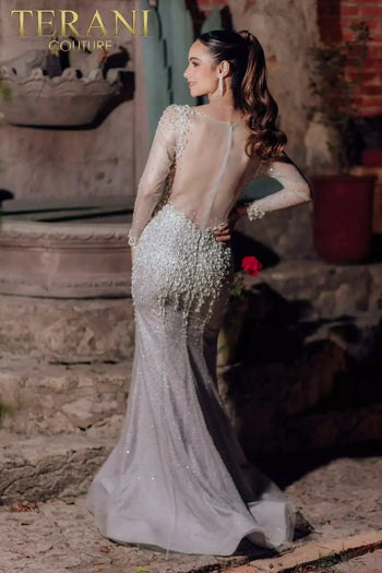 Terani Couture 232GL1454 Vestido de noche de sirena con mangas largas y adornos