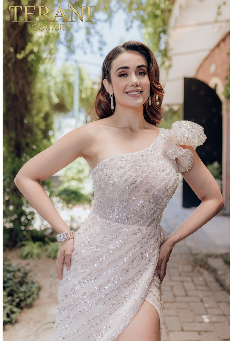Terani Couture 232GL1479 Vestido largo formal de fiesta con lentejuelas y volantes
