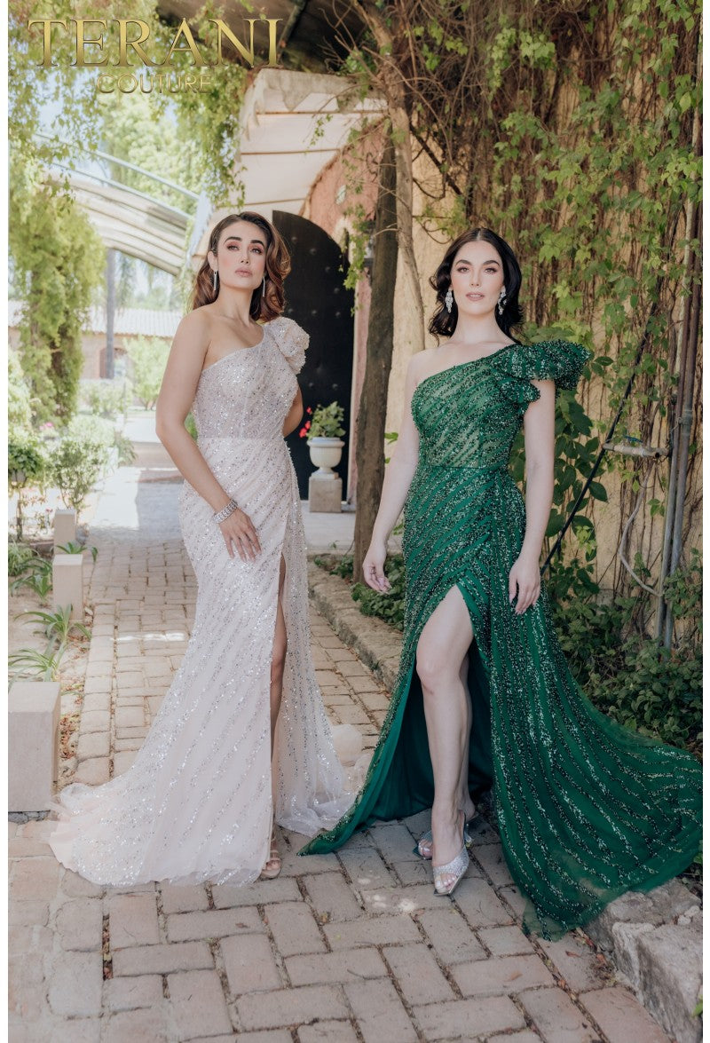 Terani Couture 232GL1479 Vestido largo formal de fiesta con lentejuelas y volantes