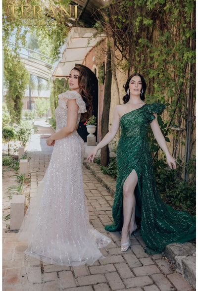 Terani Couture 232GL1479 Formal Prom Ruffled Beaded Sequined Long Evening Tulle Dress