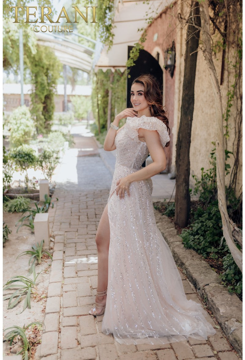 Terani Couture 232GL1479 Vestido largo formal de fiesta con lentejuelas y volantes