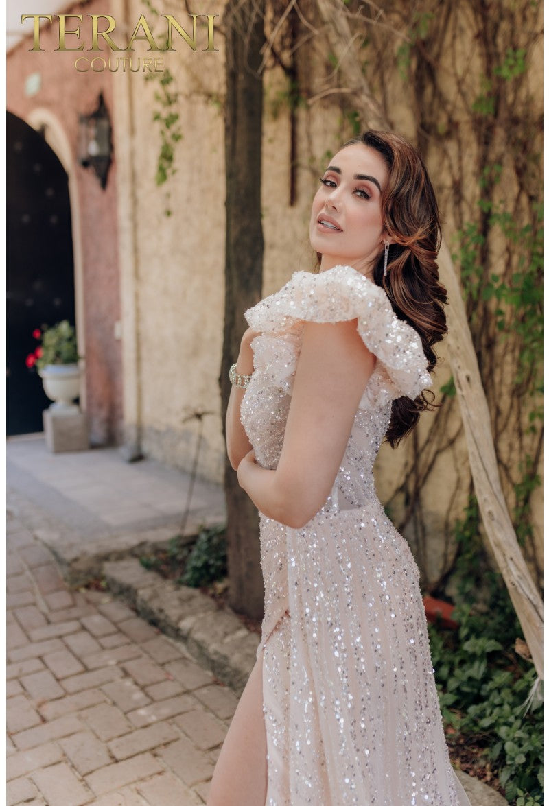 Terani Couture 232GL1479 Vestido largo formal de fiesta con lentejuelas y volantes