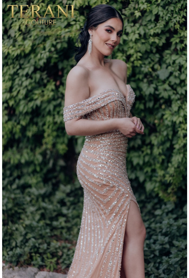 Elegant Terani Couture 232GL1491 Beaded Fitted Formal Prom Gown