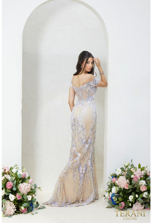 Terani Couture 232gl1493 Trumpet Off Shoulder Tulle Cream Nude Evening Dress