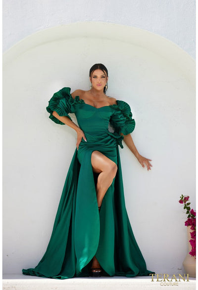 Terani Couture 232M1510 Elegant Glamorous Sophisticated Off-Shoulder Formal Satin Dress