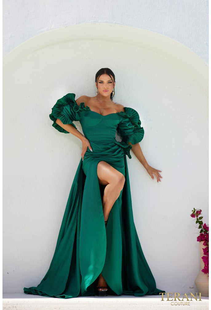 Terani Couture 232M1510 Elegant Glamorous Sophisticated Off-Shoulder Formal Satin Dress