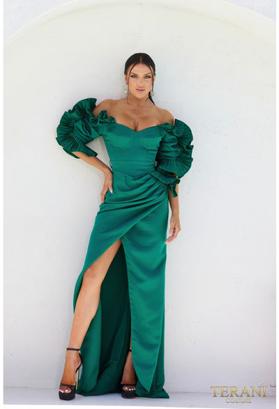 Terani Couture 232M1510 Elegant Glamorous Sophisticated Off-Shoulder Formal Satin Dress