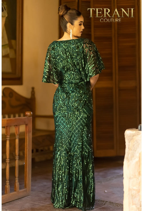 Terani Couture 232M1516 Elegant Formal Sheath Sequined Cape Long Evening Sequin Dress
