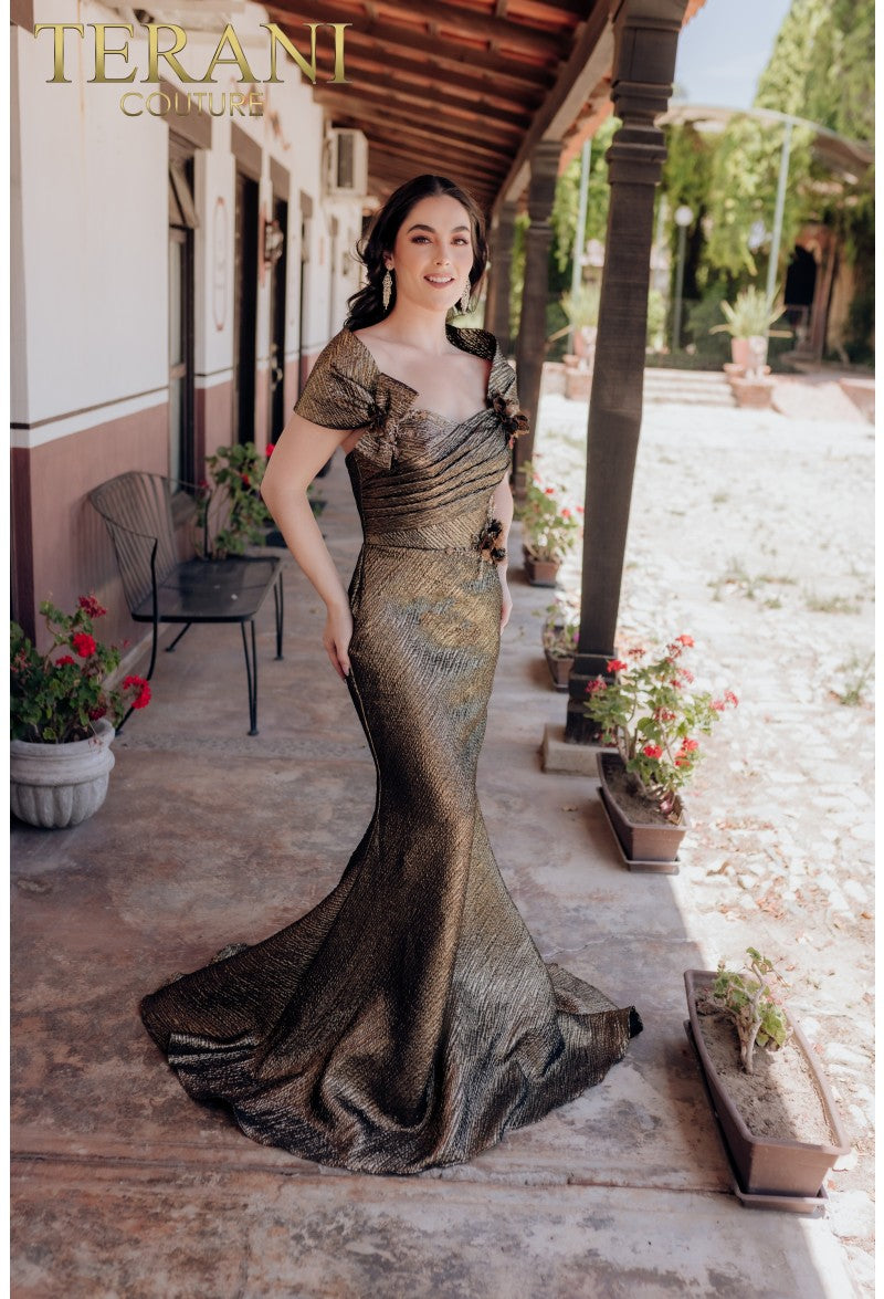 couture formal dresses Formal Off-Shoulder Mermaid Long Wine Evening Jacquard Dress 232M1518 by Terani Couture Copper / 24