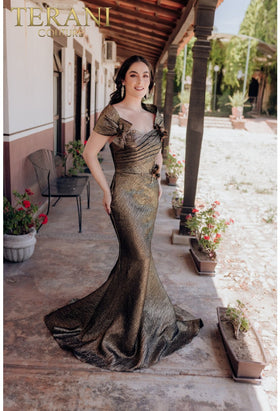 Terani Couture 232M1518 Formal Off-Shoulder Mermaid Long Wine Evening Jacquard Dress