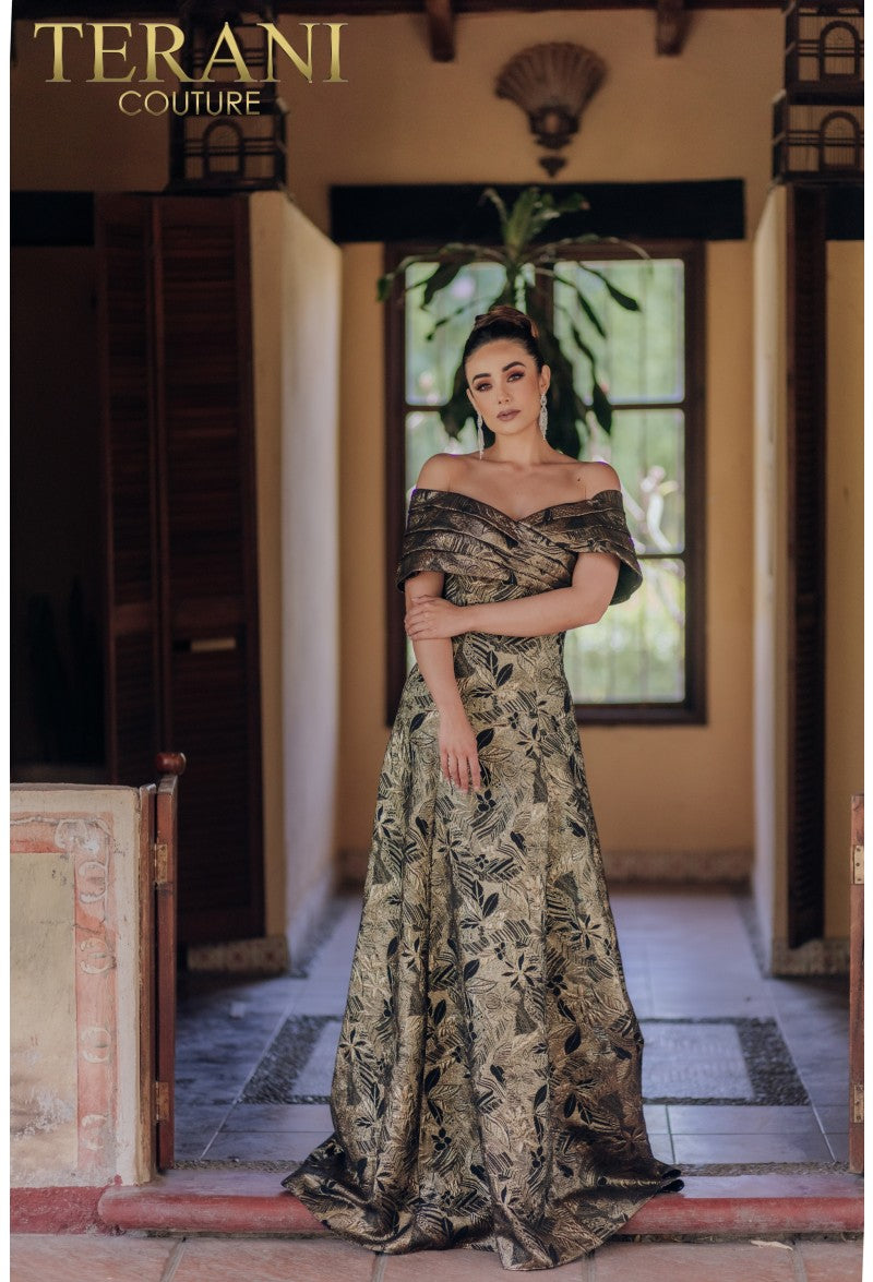 Terani Couture 232M1522 Long Pleated A-Line Formal Evening Dress