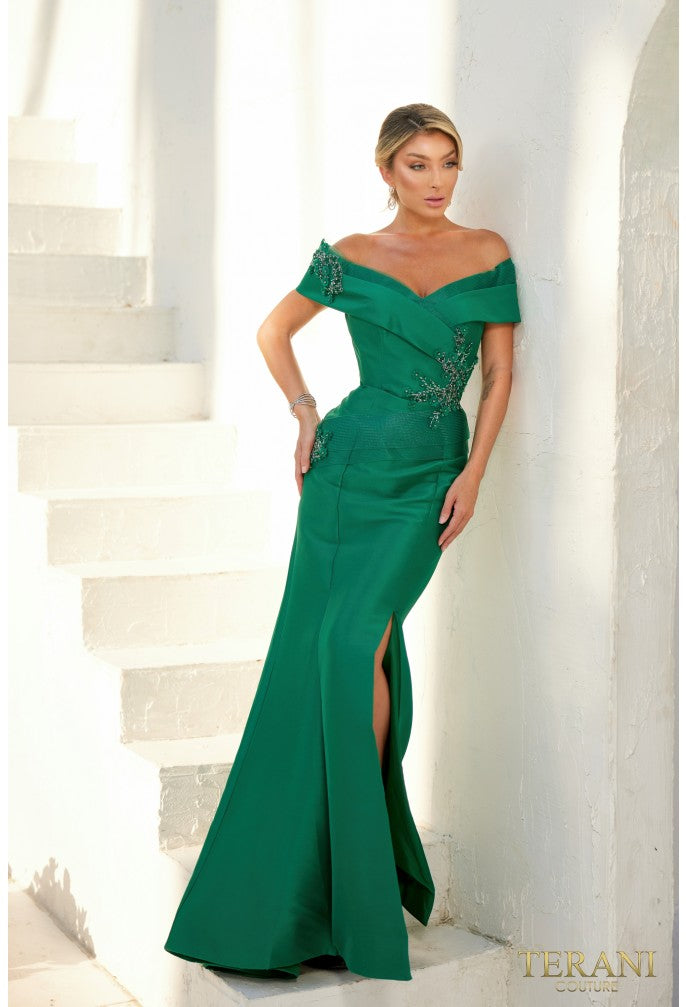 Clearance Terani Couture 232M1530 Mother of the Bride Wedding Pleated Slit Premium Dress