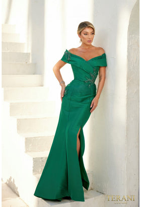Clearance Terani Couture 232M1530 Mother of the Bride Wedding Pleated Slit Premium Dress