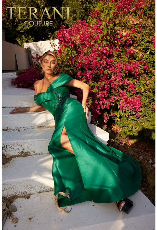 Terani Couture 232m1530 Pleated Neckline Off Shoulder Thigh Slit Long Formal Dress