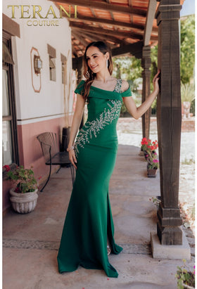 Terani Couture 232M1549 Glamorous Formal Prom Beaded Long Evening Stretch Satin Dress