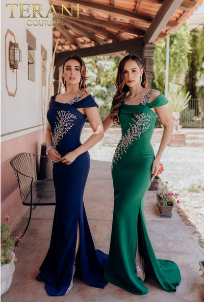 Terani Couture 232M1549 Glamorous Formal Prom Beaded Long Evening Stretch Satin Dress