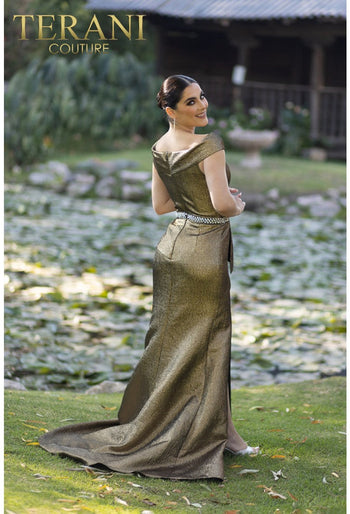 Terani Couture 232M1555 Off-Shoulder Peplum Mermaid Long Prom Dress