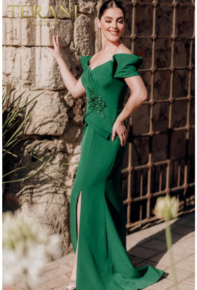 Terani Couture 232M1560 Sophisticated Formal Off-Shoulder Mermaid Stretch Satin Dress