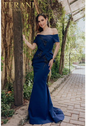 Terani Couture 232M1561 Off-Shoulder Mermaid Beaded Long Evening Stretch Satin Dress