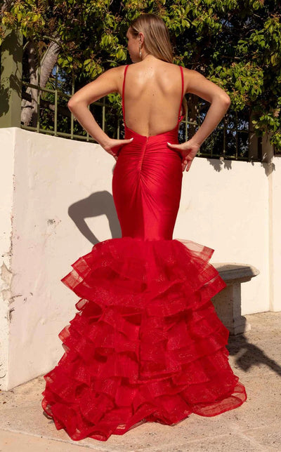 Jessica Angel JA2360 V-Neck Spaghetti Strap Mermaid Open Back Jersey Tulle Dress