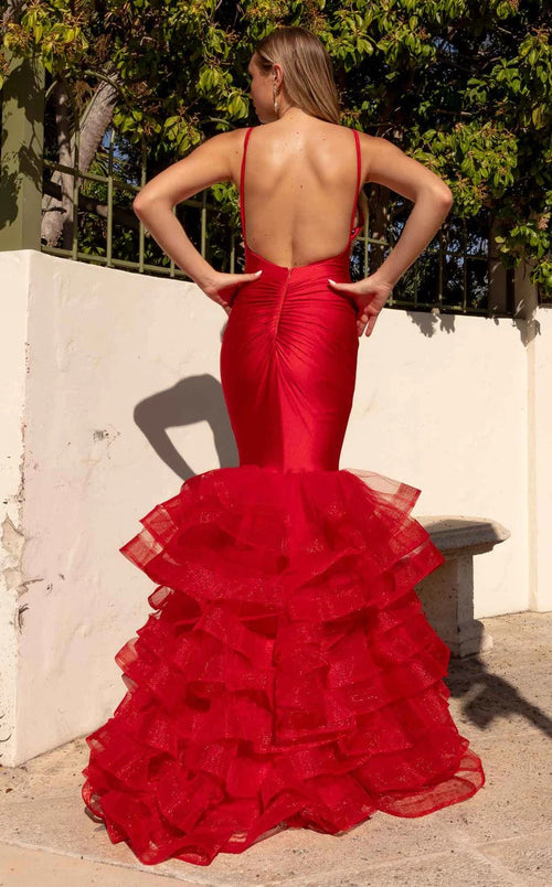 Jessica Angel JA2360 V-Neck Spaghetti Strap Mermaid Open Back Jersey Tulle Dress