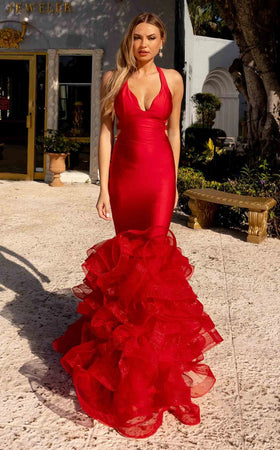 Jessica Angel JA2362 Halter Mermaid Ruched Train Prom Jersey Tulle Dress