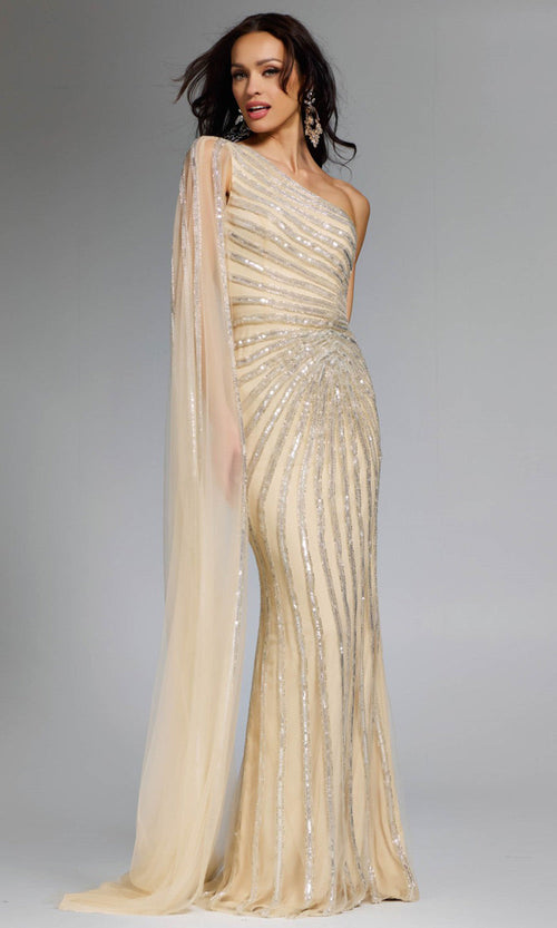 Jovani 23774 - Asymmetric Neck Sequin Sheath Gown