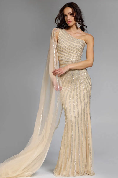 Jovani 23774 - Asymmetric Neck Sequin Sheath Gown