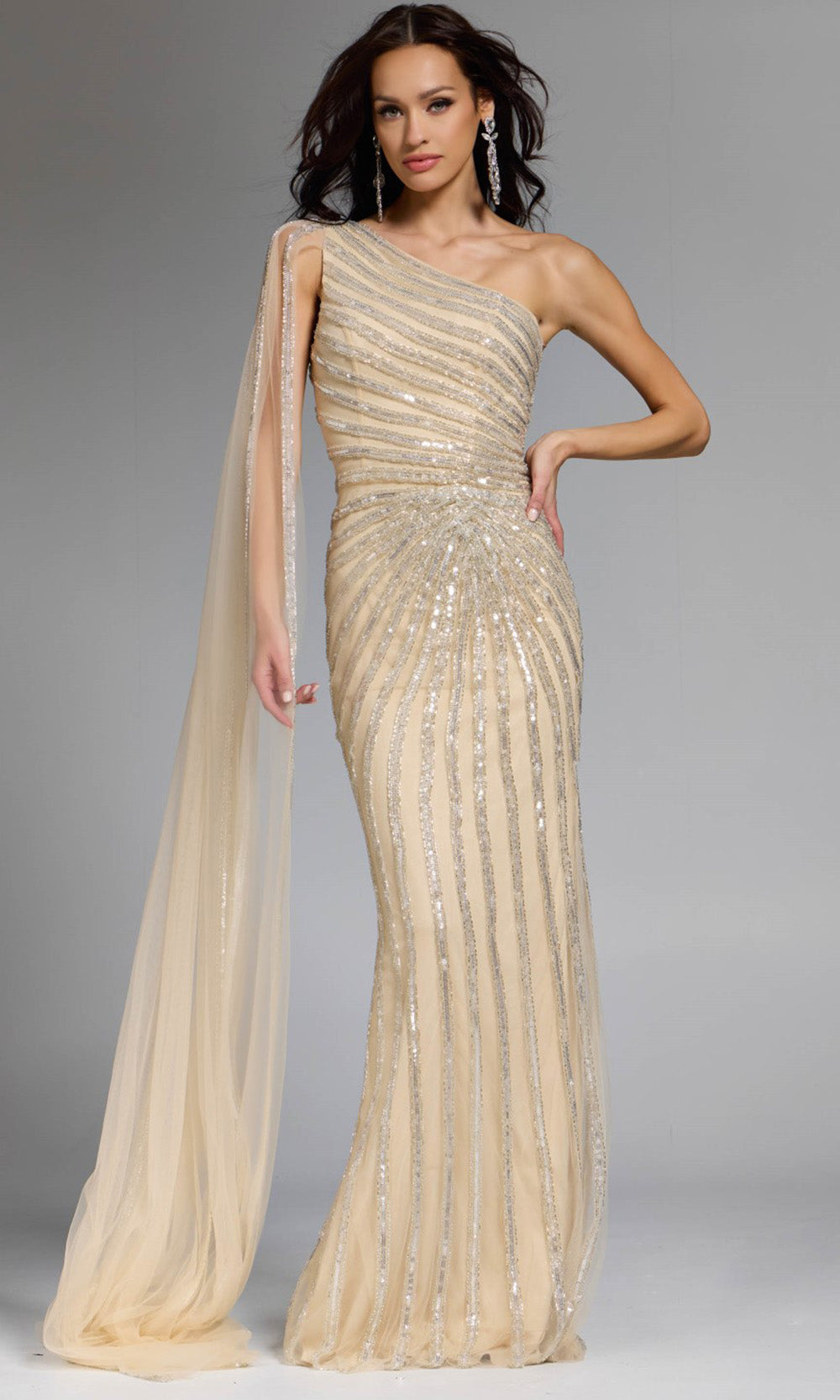Jovani 23774 - Asymmetric Neck Sequin Sheath Gown