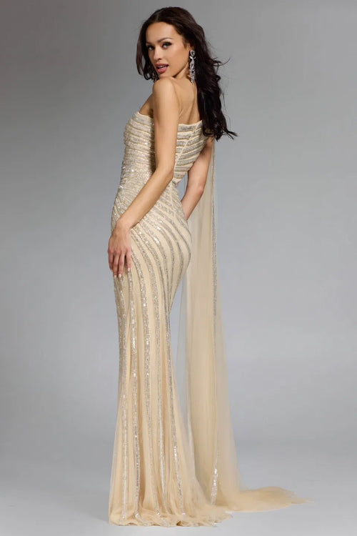 Jovani 23774 - Asymmetric Neck Sequin Sheath Gown
