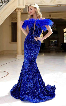 Jessica Angel JA2390 Off-Shoulder Illusion Mermaid Open Back Sequin Feather Dress