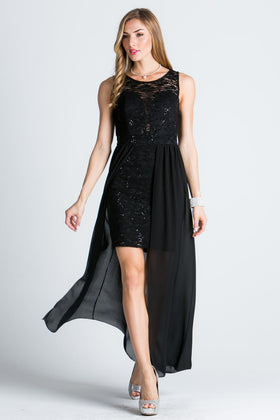 Sleeveless Lace High Low Dress with Flowing Chiffon Overlay by LA Scala 23984