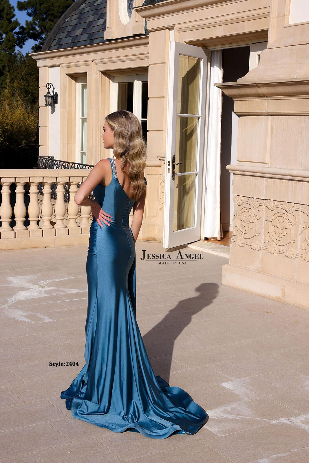 Jessica Angel JA2404 Off-Shoulder Fitted High Slit Open Back Jersey Dress