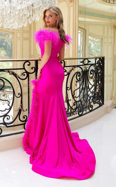 Jessica Angel JA2413 Off-Shoulder Fitted Court Train Slit Feather Jersey Dress