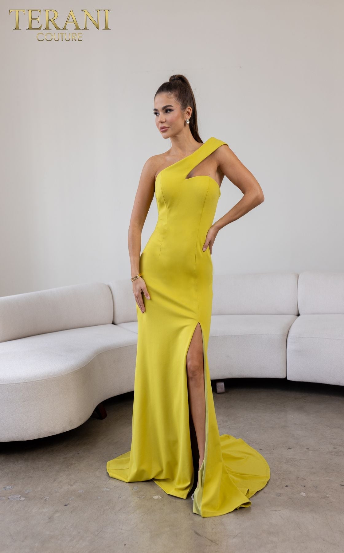 Terani Couture 241E2416-Formal evening gown with a slit.