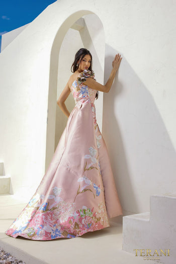 Terani Couture 241e2453 Asymmetrical Jacquard Silver Rose Column Evening Dress