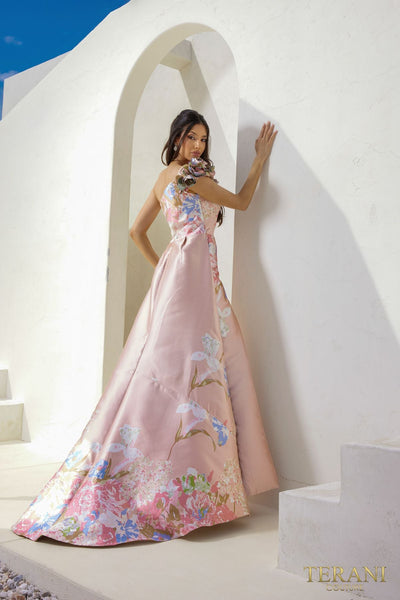 Terani Couture 241E2453 Sophisticated Evening Prom One-Shoulder Silver Jacquard Dress