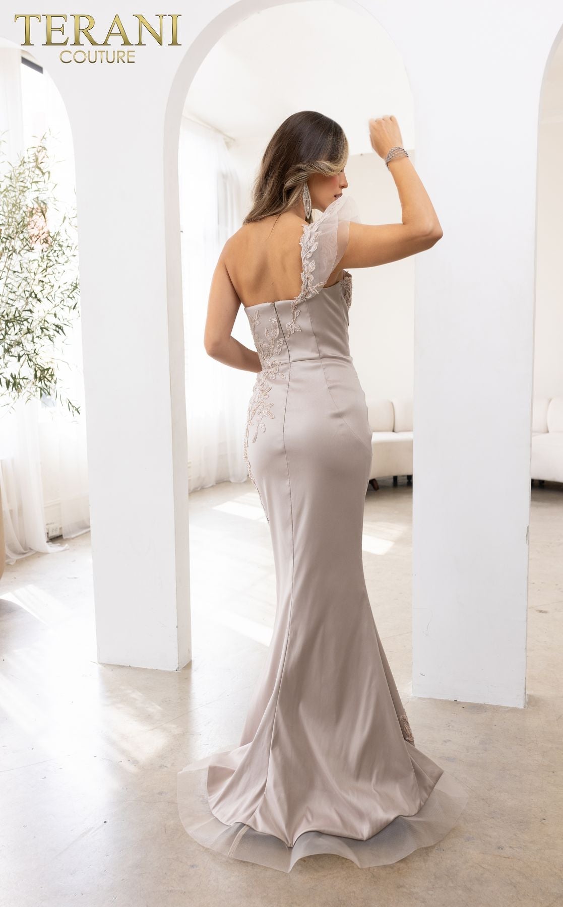 Terani Couture 241E2485 Asymmetrical Trumpet Evening Dress-Unique and Formal