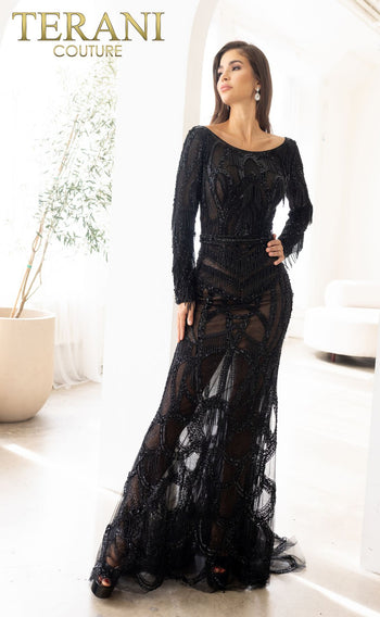 Terani Couture 241gl2610 Trumpet Boat Long Sleeves Tulle Black Nude Evening Dress