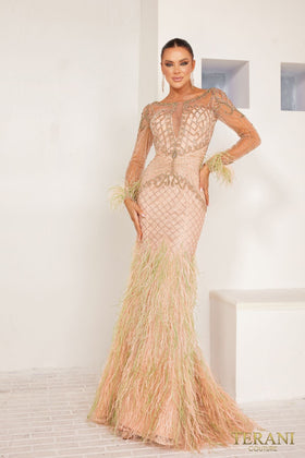Clearance Sage Champagne Size 8 Sophisticated Evening Prom Long Formal Tulle Dress By Terani Couture 241GL2631