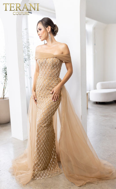 Terani Couture 241M2706 Long Formal Dress with Elegant Overskirt