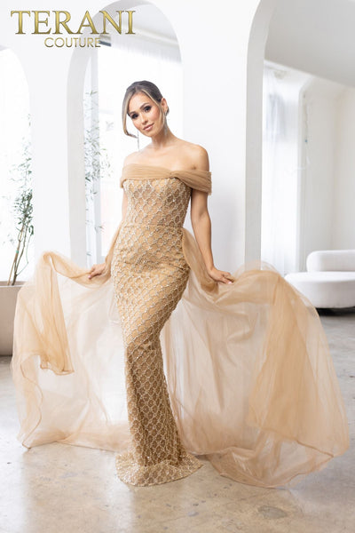 Terani Couture 241M2706 Long Formal Dress with Elegant Overskirt