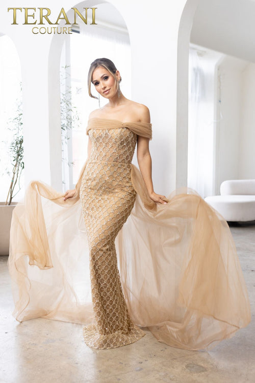 Terani Couture 241M2706 Long Formal Dress with Elegant Overskirt
