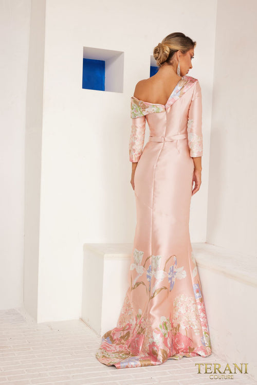 Terani Couture 241M2714 Mother of the Bride One-Shoulder Long Evening Jacquard Dress