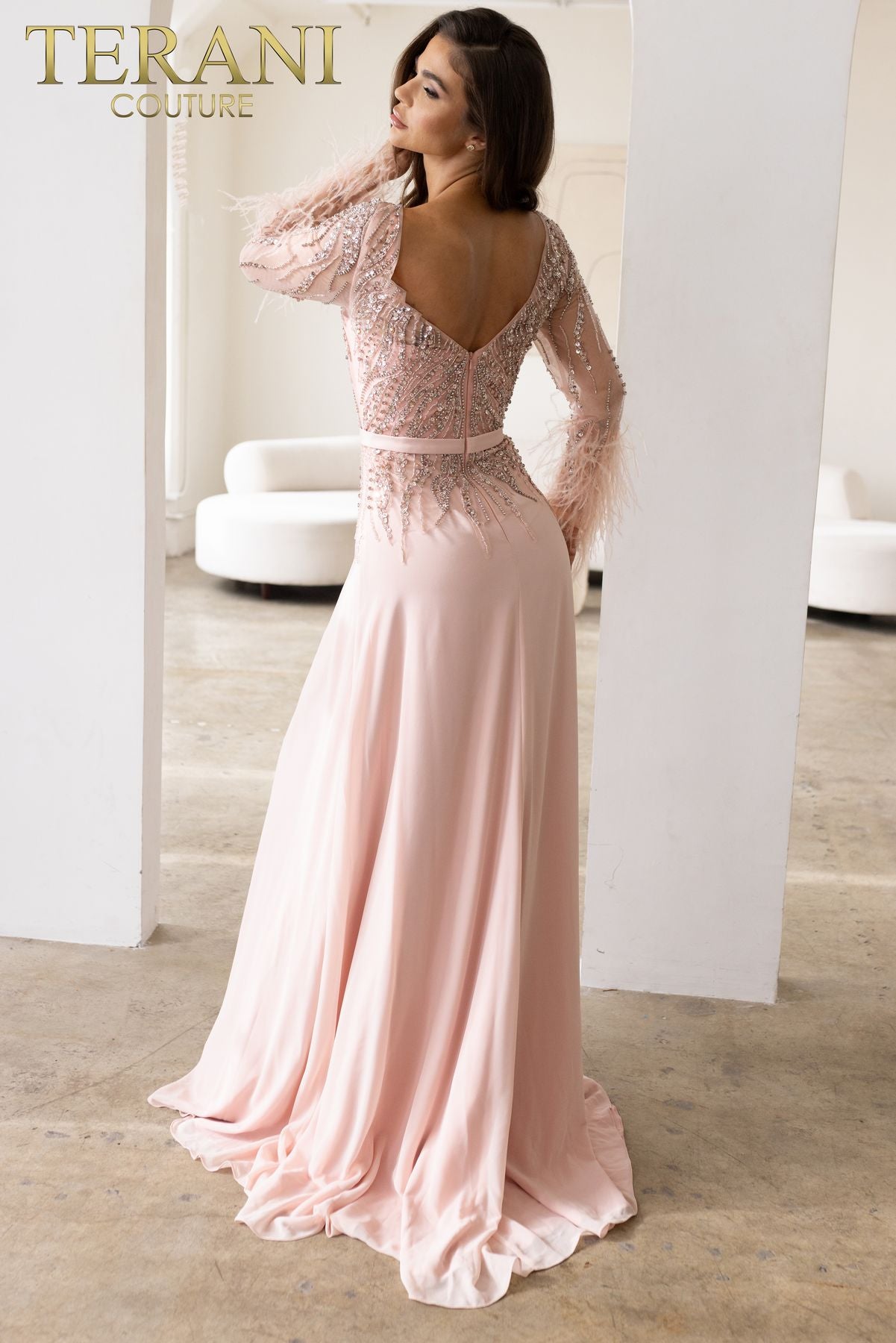 Vestido de noche de gasa con mangas largas Terani Couture 241m2718