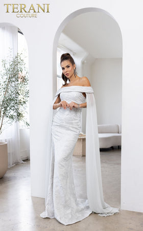 Terani Couture 241M2721 Elegant Evening Off-Shoulder Cape Long Formal Jacquard Dress