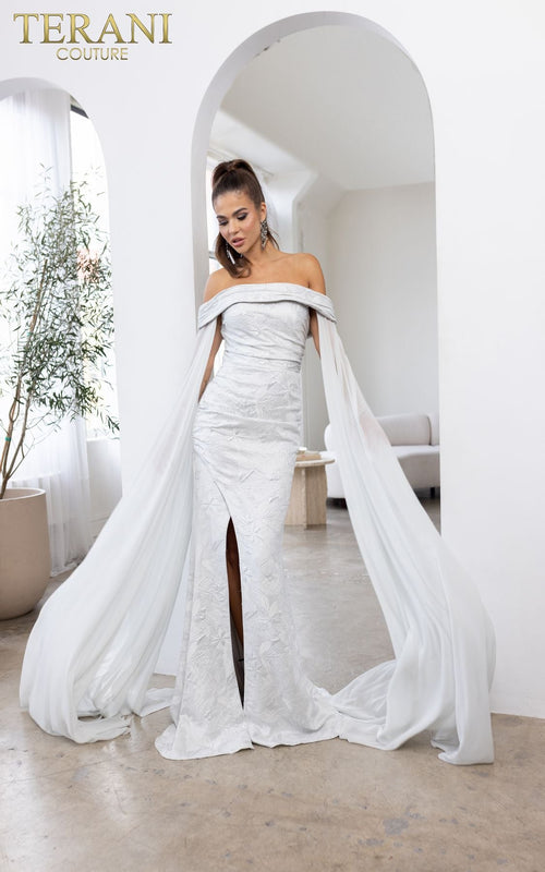 Terani Couture 241M2721 Elegant Evening Off-Shoulder Cape Long Formal Jacquard Dress