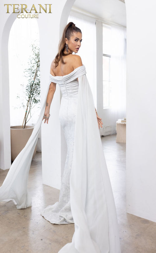 Terani Couture 241M2721 Elegant Evening Off-Shoulder Cape Long Formal Jacquard Dress