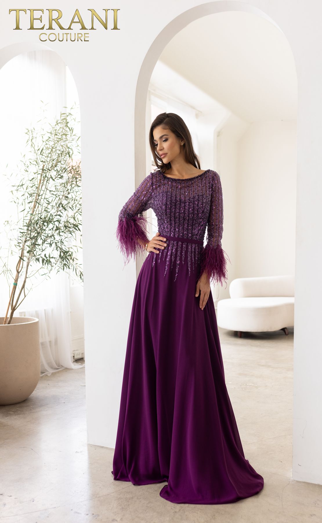 Terani Couture 241m2738 Sheath 3/4 Sleeves Chiffon Column Evening Dress