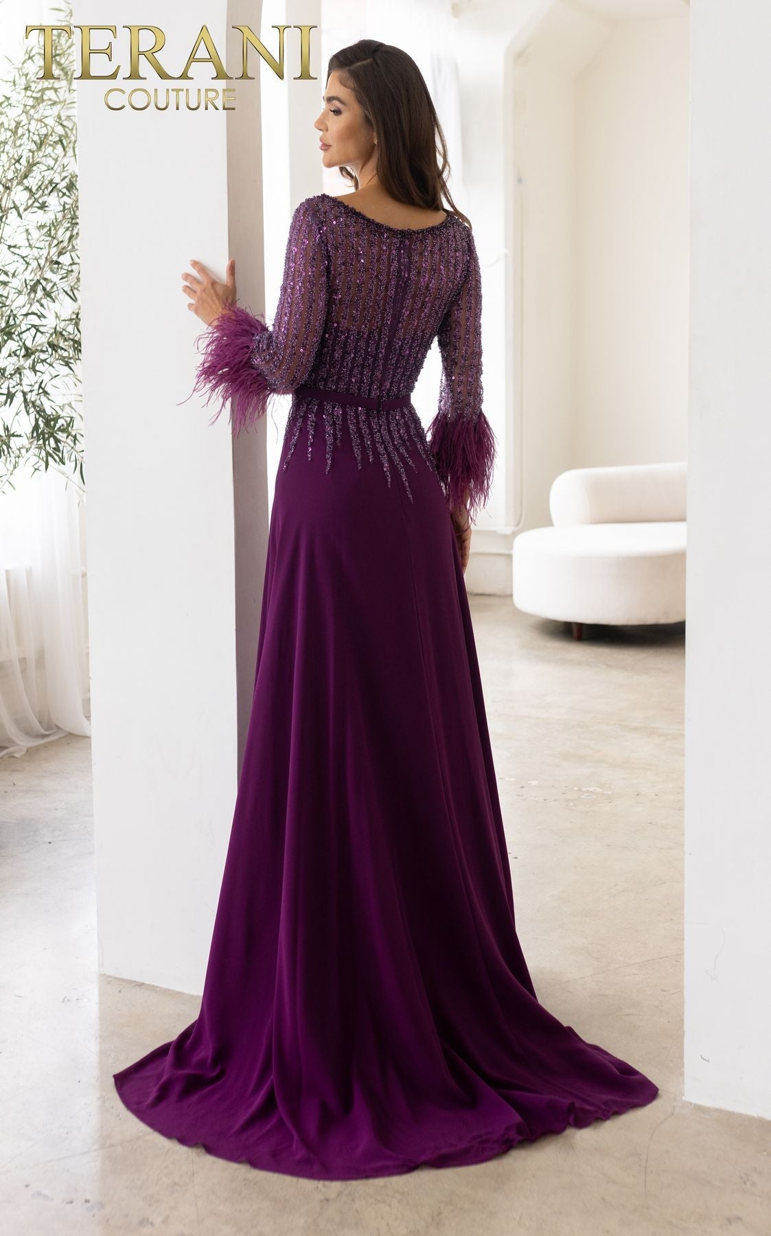Terani Couture 241m2738 Sheath 3/4 Sleeves Chiffon Column Evening Dress